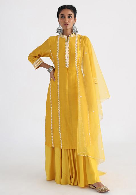 Yellow Hand Embroidered Bam Silk Sharara Set