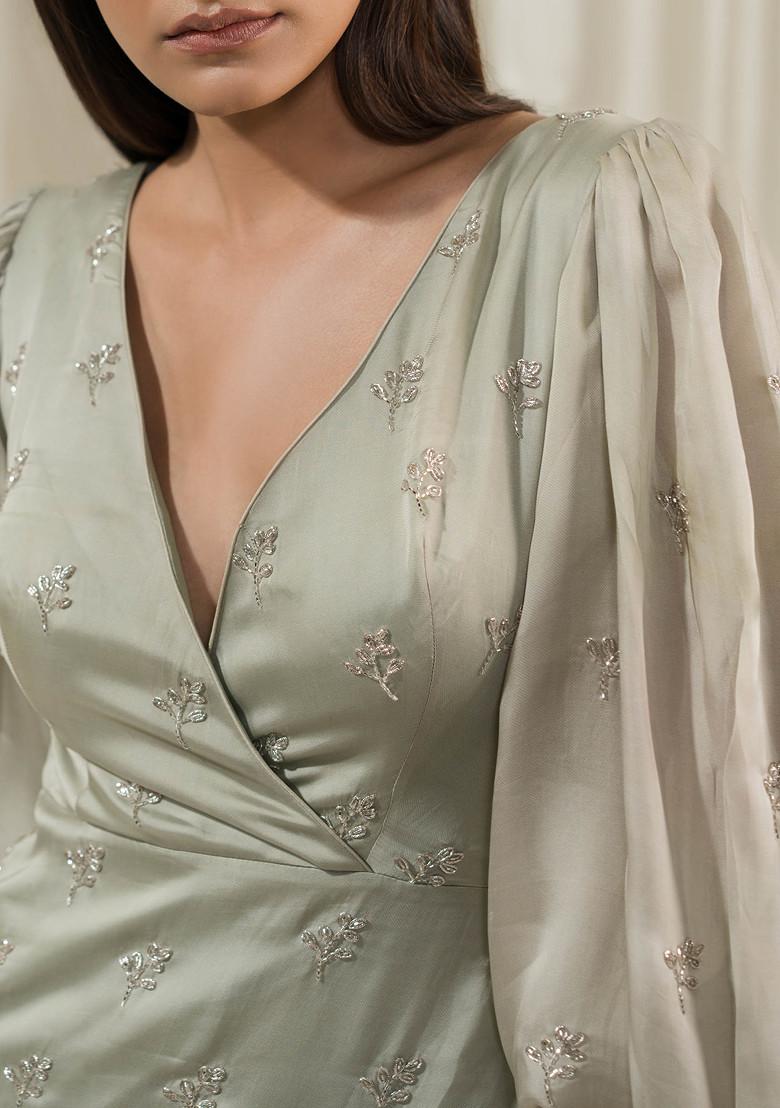 Light Mint And Mustard Boota Embroidered Organza Dress - Indya