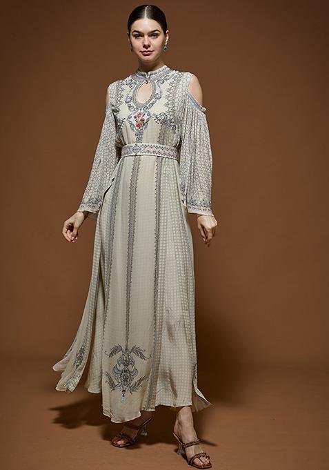 Beige Rhinestones Embroidered Bemberg Crepe Kaftan Set