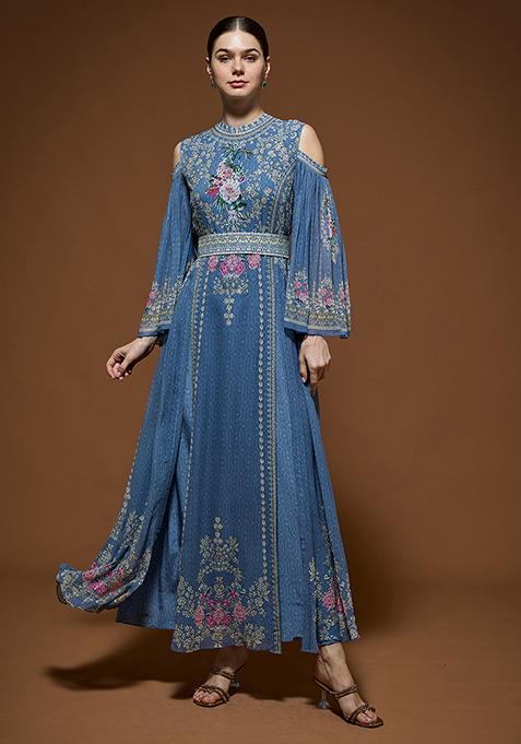 Blue And Grey Rhinestones Embroidered Bemberg Crepe Kaftan Set