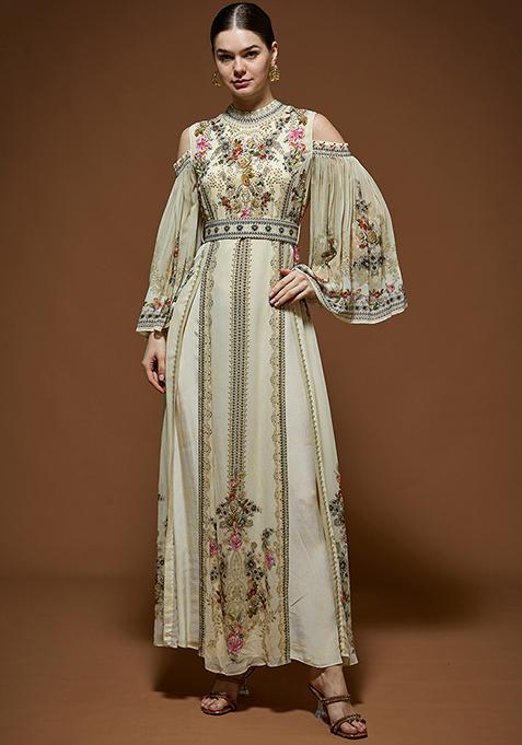 Ivory Rhinestones Embroidered Bemberg Crepe Kaftan Set