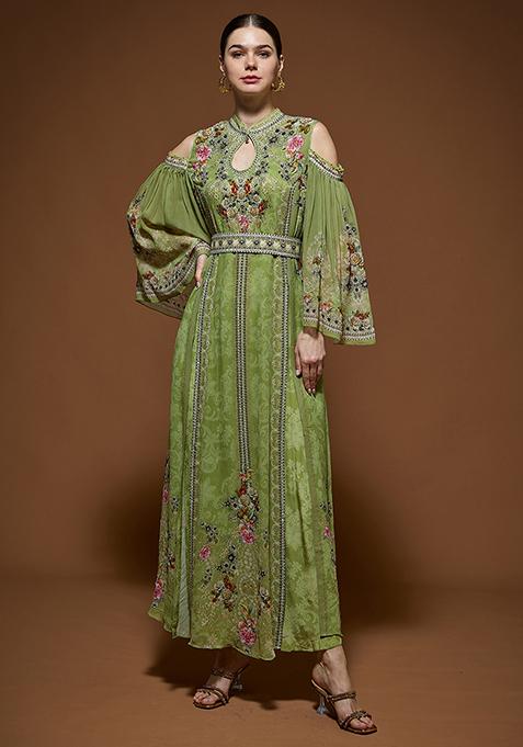 Pale Green Rhinestones Embroidered Bemberg Crepe Kaftan Set