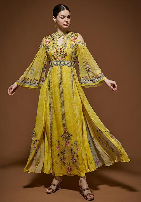 Lime Yellow Rhinestones Embroidered Bemberg Crepe Kaftan Set