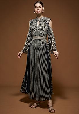 Black Rhinestones Embroidered Bemberg Crepe Kaftan Set