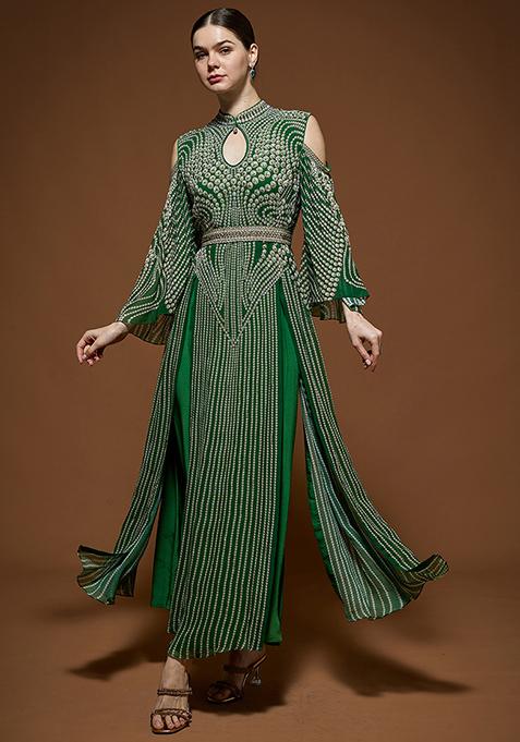 Emerald Green Rhinestones Embroidered Bemberg Crepe Kaftan Set