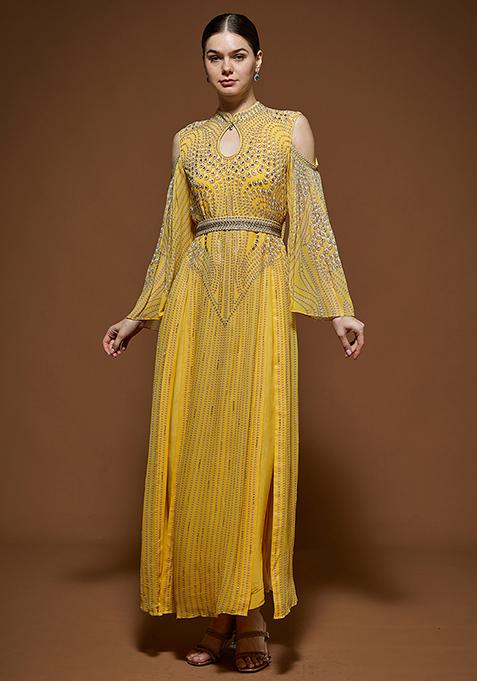 Yellow Rhinestones Embroidered Bemberg Crepe Kaftan Set