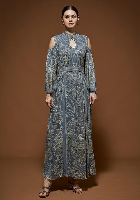 Silver Rhinestones Embroidered Bemberg Crepe Kaftan Set