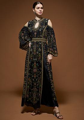 Black Rhinestones Embroidered Kaftan Set
