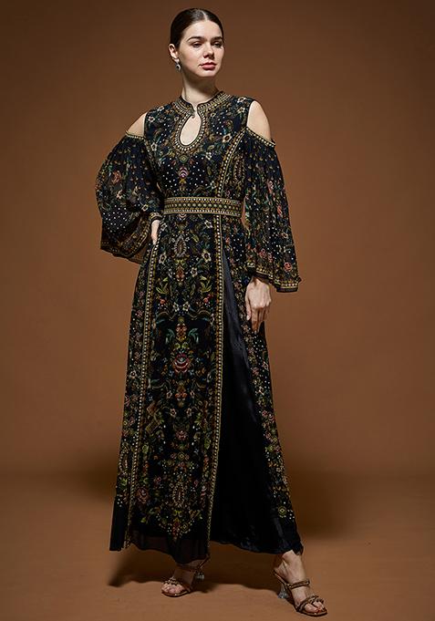 Black Rhinestones Embroidered Kaftan Set