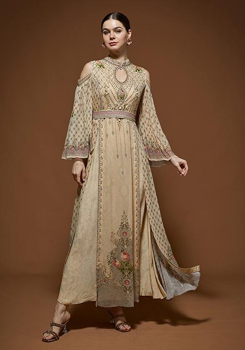 Beige Rhinestones Embroidered Crepe Kaftan Set