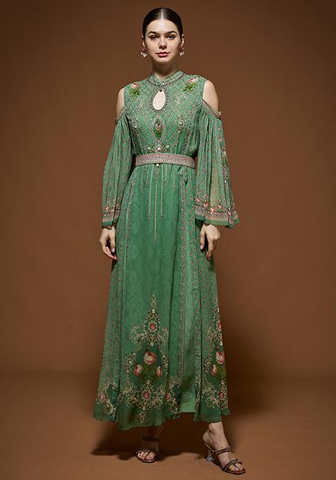 Light Green Rhinestones Embroidered Bemberg Crepe Kaftan Set