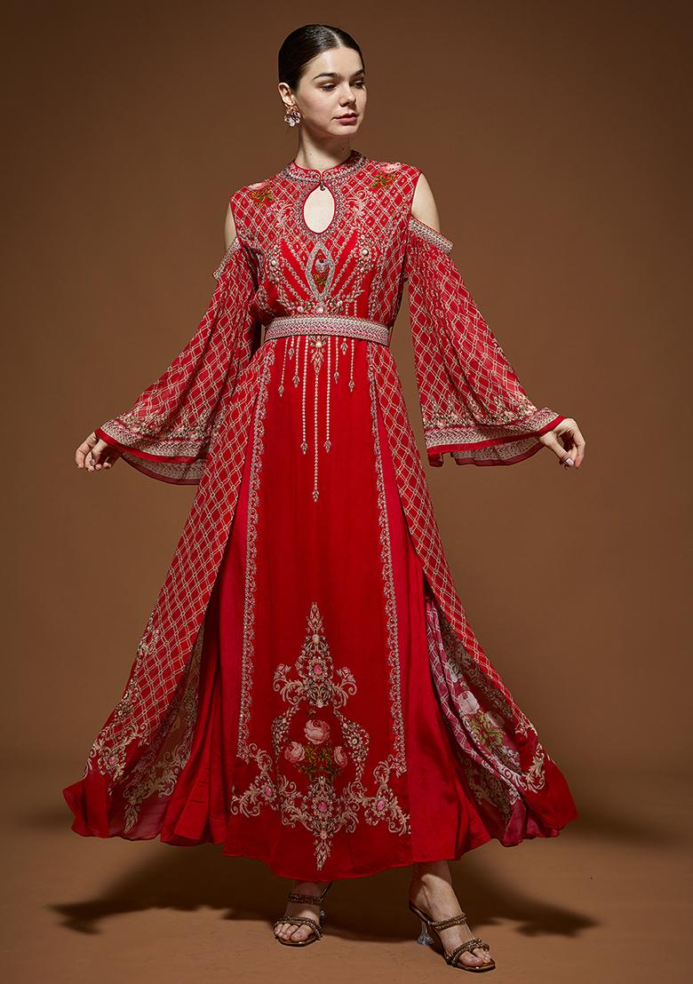 Red Rhinestones Embroidered Bemberg Crepe Kaftan Set