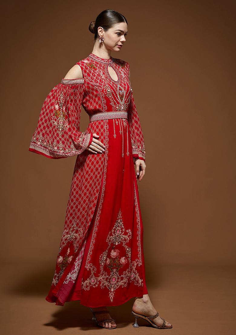 Red Rhinestones Embroidered Bemberg Crepe Kaftan Set