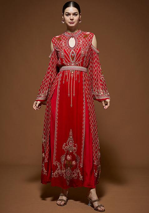 Red Rhinestones Embroidered Bemberg Crepe Kaftan Set