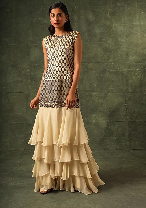 Beige Cutdana Embroidered Ajrakh Dress