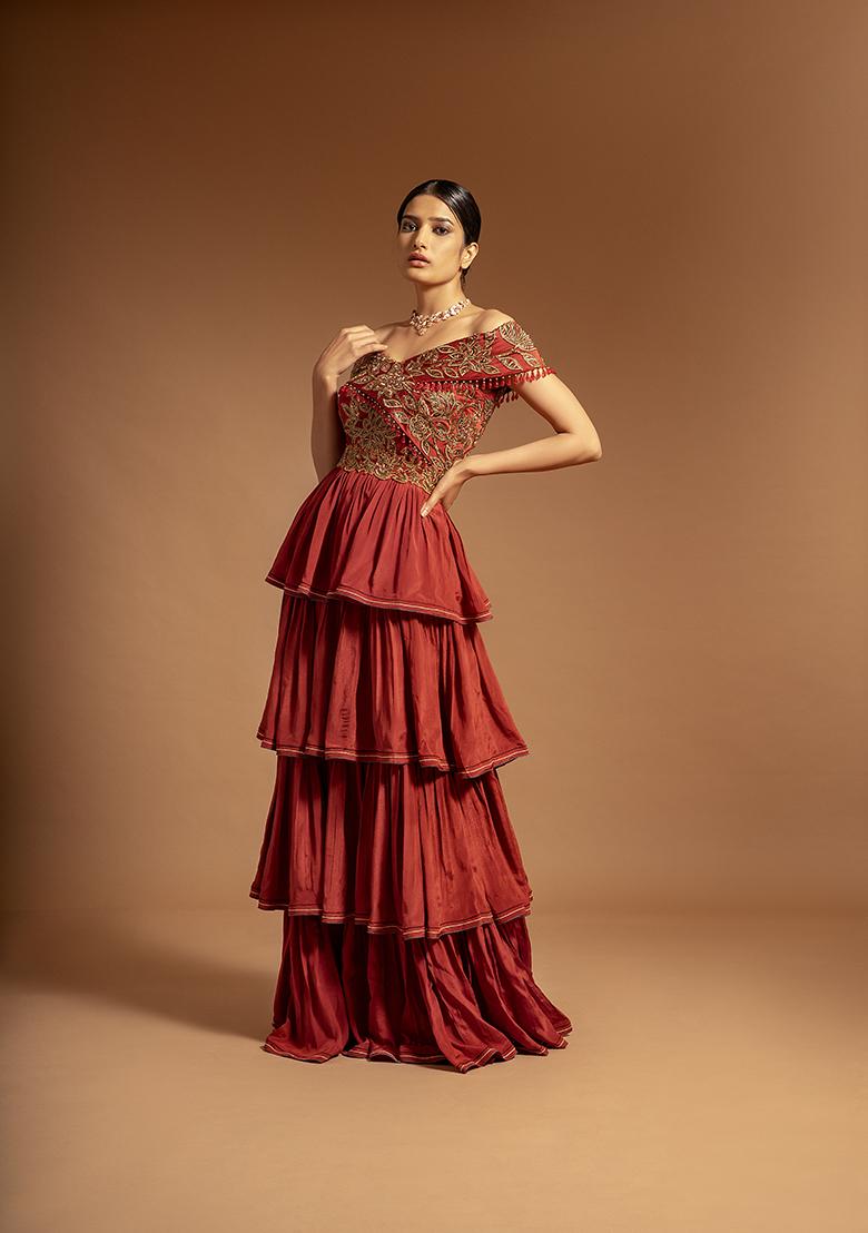 Maroon Cutdana Bead Embroidered Pure Satin Crepe Dress