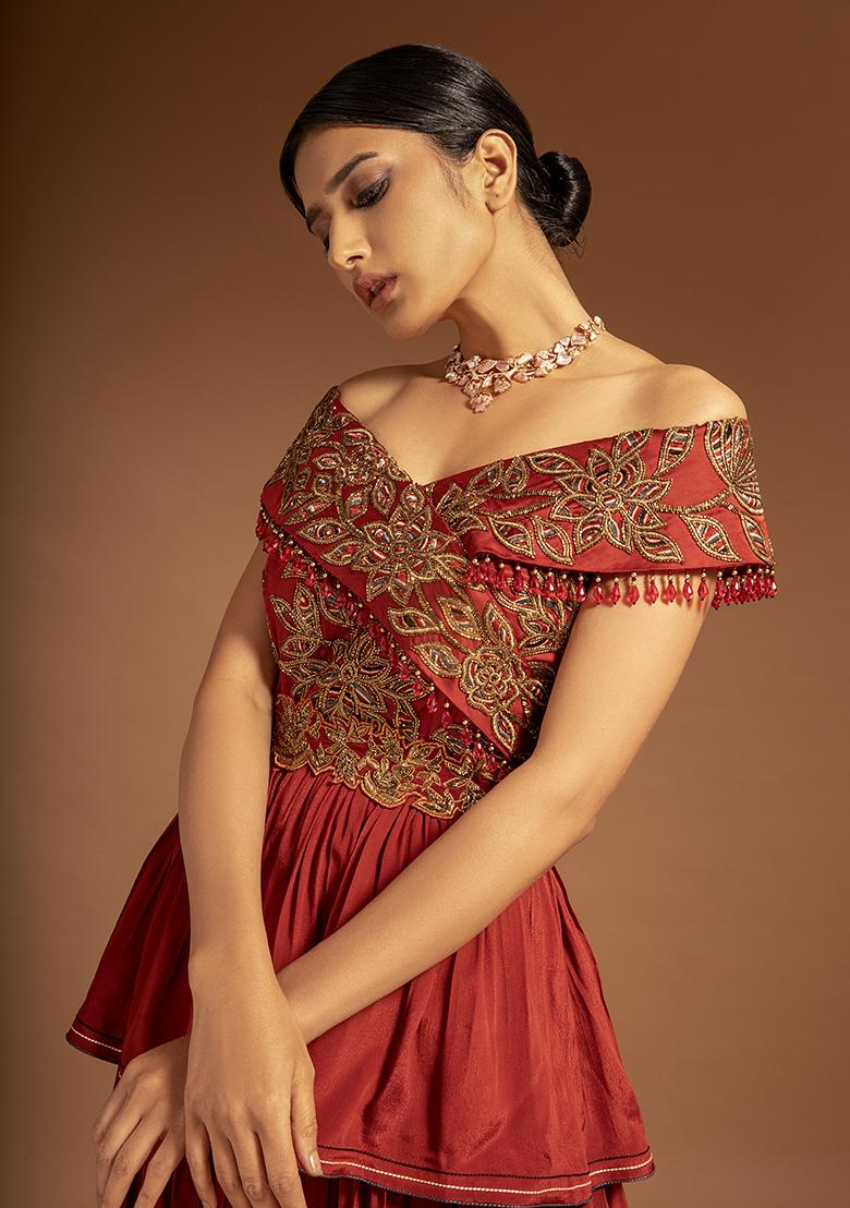 Maroon Cutdana Bead Embroidered Pure Satin Crepe Dress