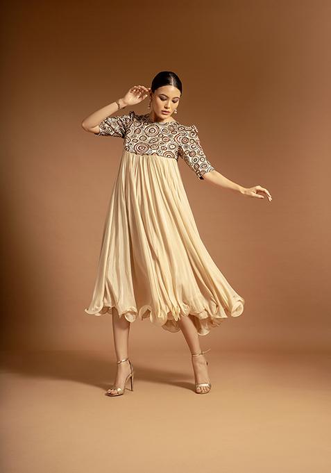 Beige Cutdana Bead Embroidered Pure Satin Crepe Dress