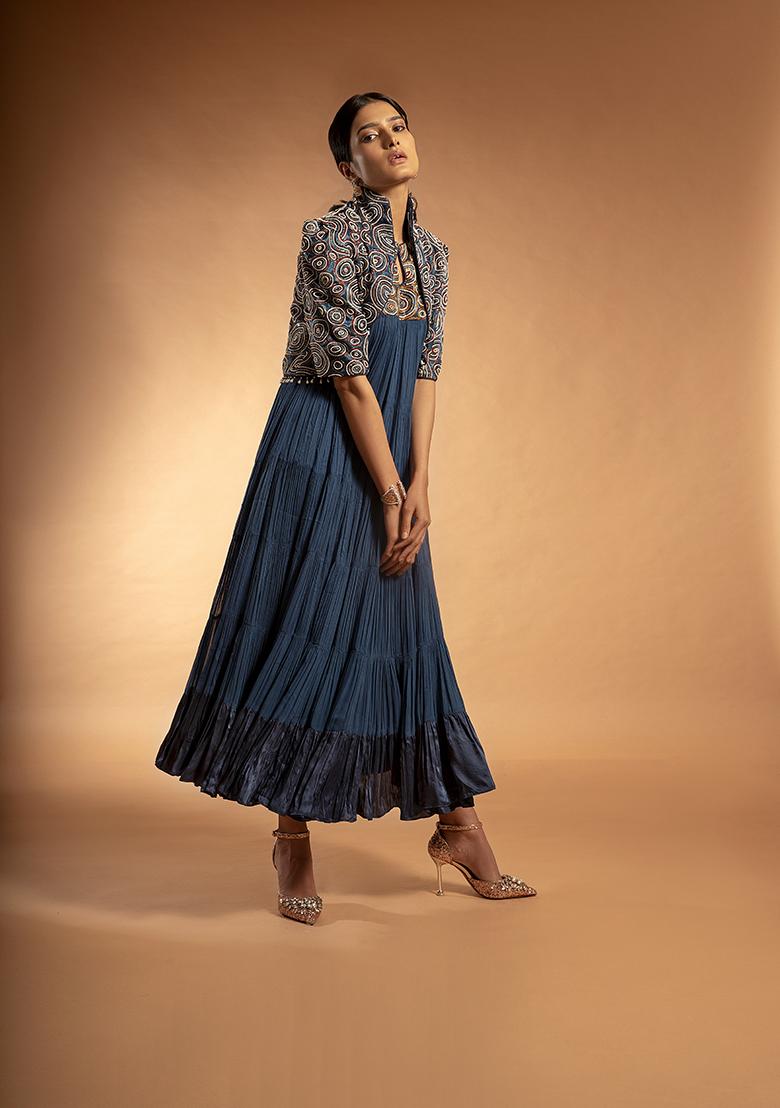 Cobalt Blue Cutdana Bead Embroidered Pure Satin Crepe Dress With Jacket