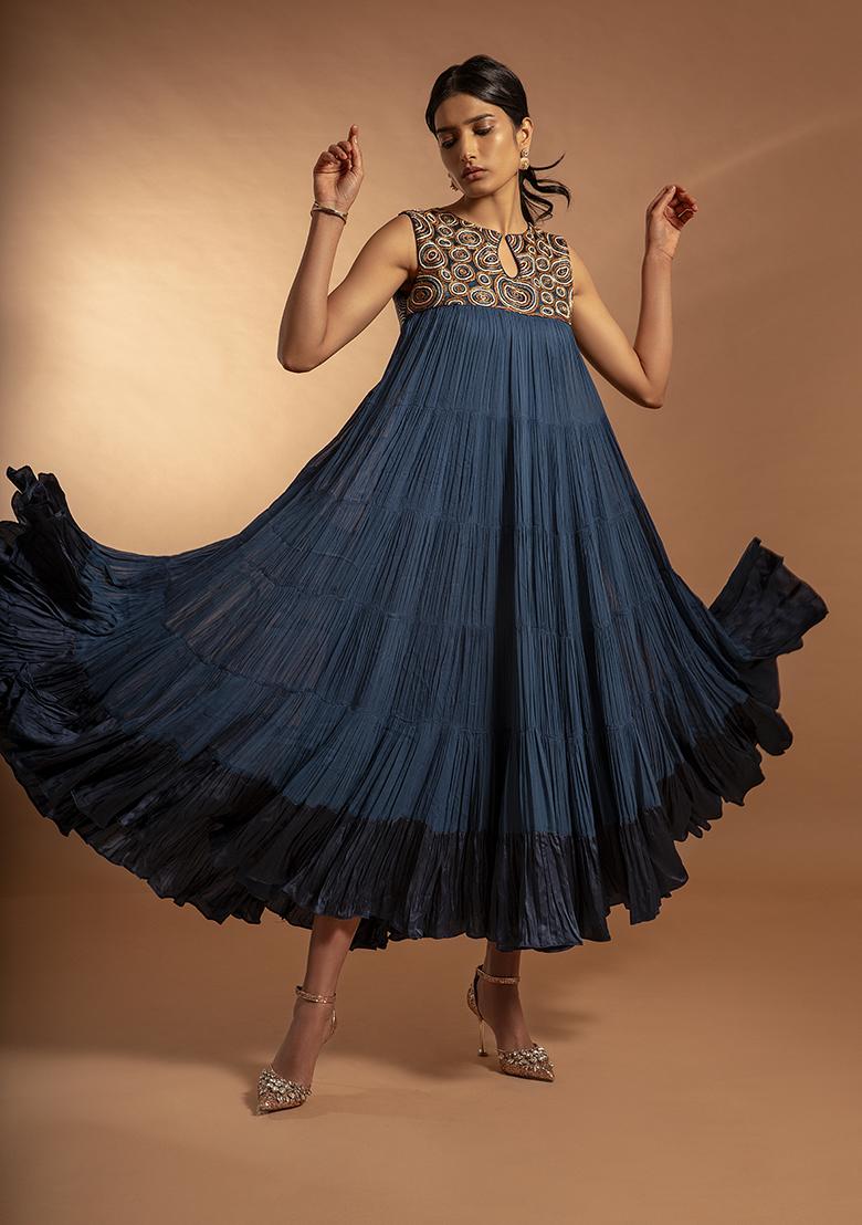 Cobalt Blue Cutdana Bead Embroidered Pure Satin Crepe Dress With Jacket