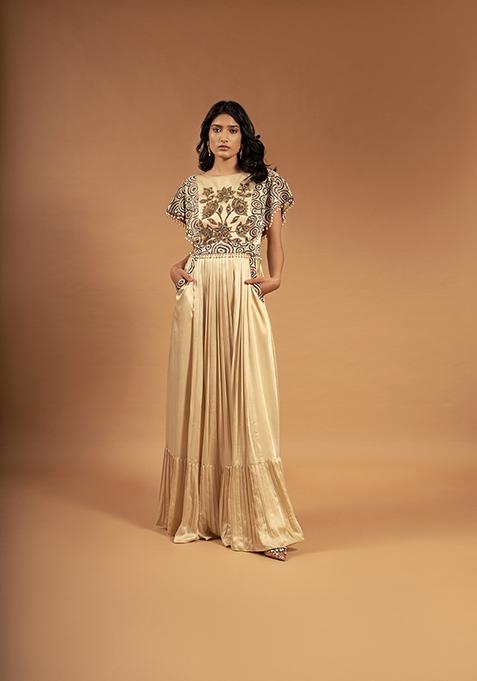 Beige Cutdana Bead Embroidered Pure Satin Crepe Dress