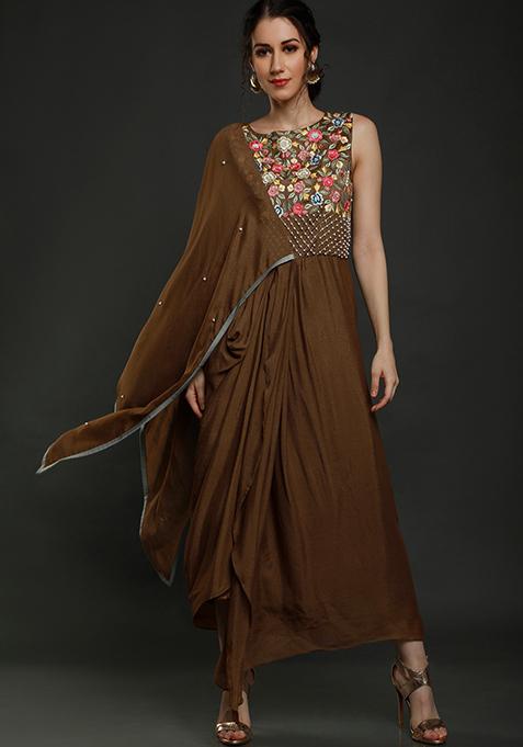 Tan Brown Thread Work Crepe Dress