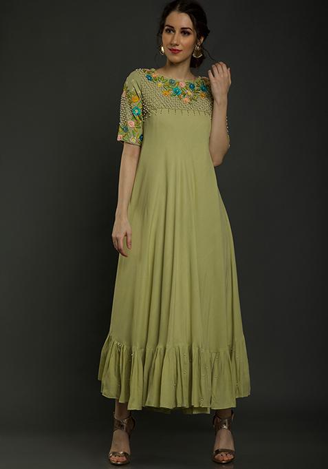 Lime Green Thread Work Crepe Dress