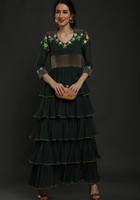 Bottle Green Thread Work Crepe Dress