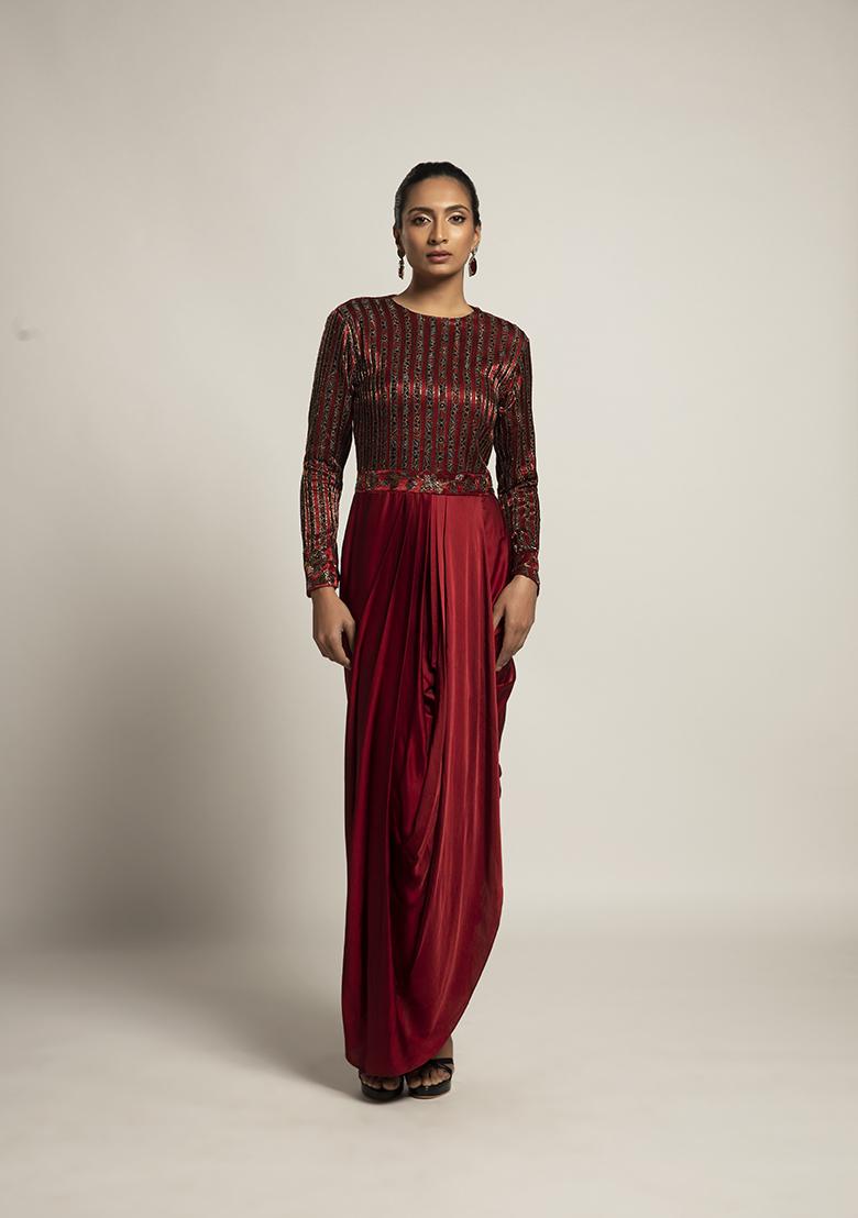 Maroon Cut Pipe Work Ajrakh Dress
