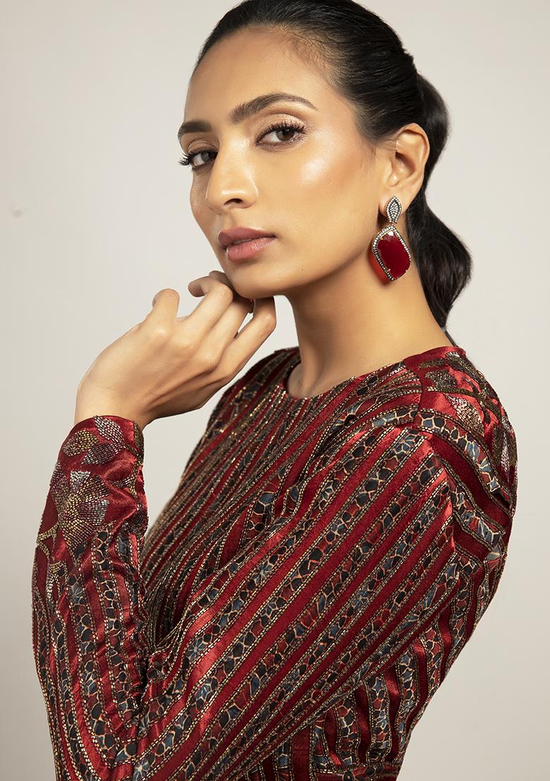 Maroon Cut Pipe Work Ajrakh Dress