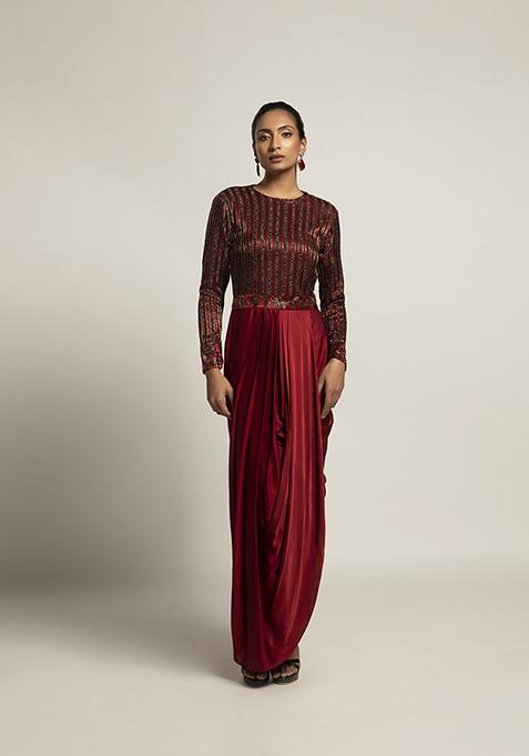 Maroon Cut Pipe Work Ajrakh Dress