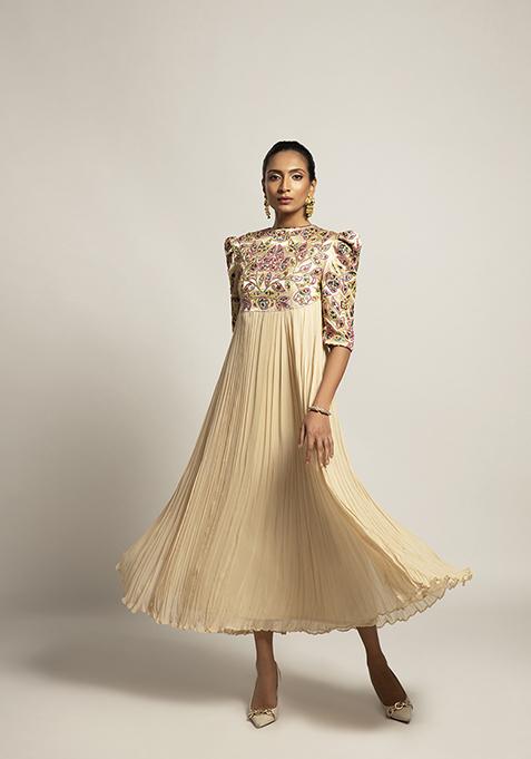 Ivory Cut Pipe Work Ajrakh Dress