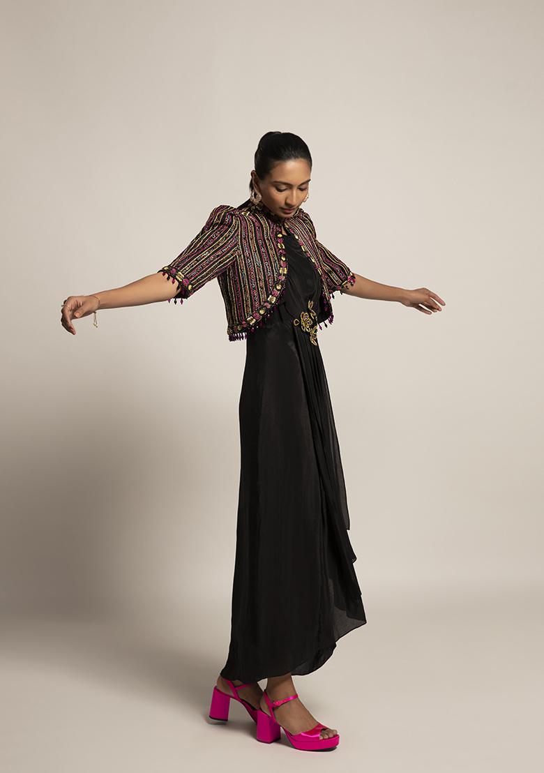 Black Cut Pipe Work Ajrakh Dress