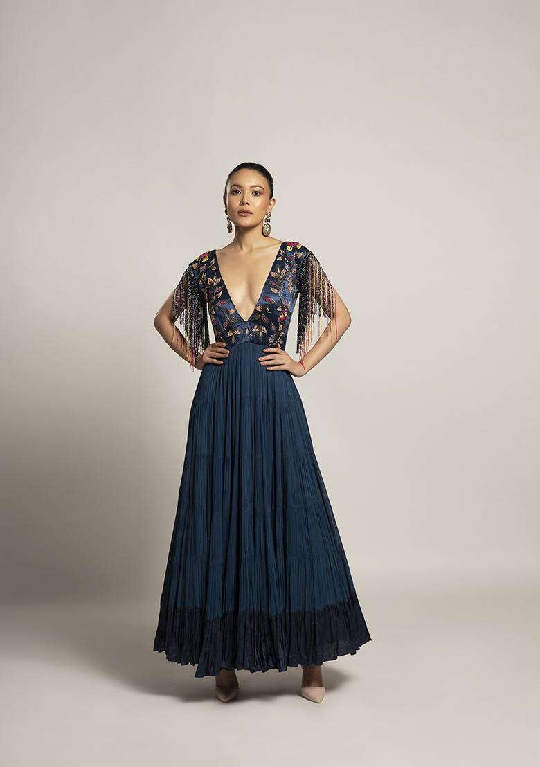 Denim Blue Cut Pipe Work Mashru Silk Dress