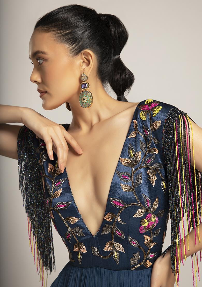 Denim Blue Cut Pipe Work Mashru Silk Dress