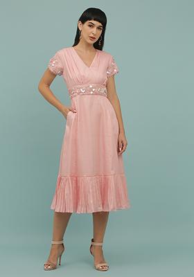 Baby Pink Sequin Embellished Silk Blend Dress