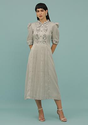 Grey Sequin Embellished Silk Blend Dress