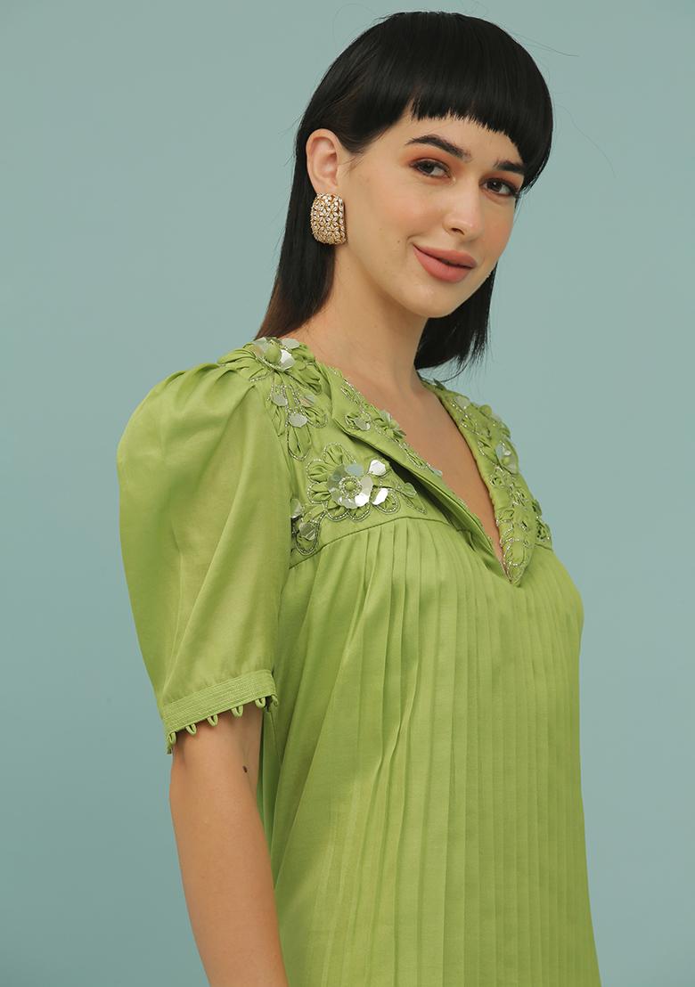 Mint Green Sequin Embellished Silk Blend Dress