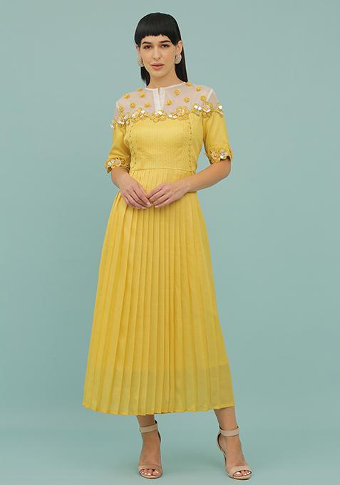 Yellow Sequin Embellished Silk Blend Dress