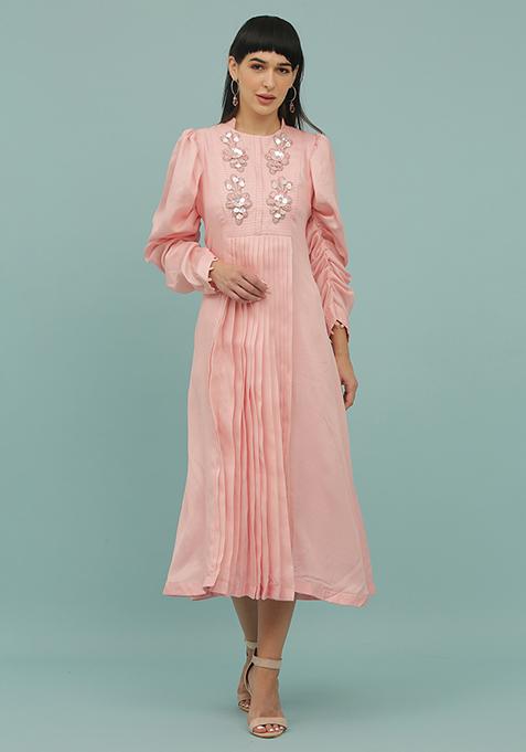 Baby Pink Sequin Embellished Silk Blend Dress