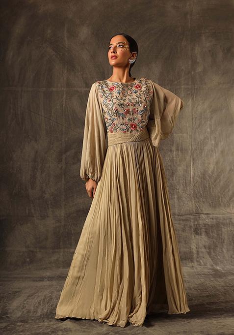 Sand Brown Cutdana Embellished Georgette Dress