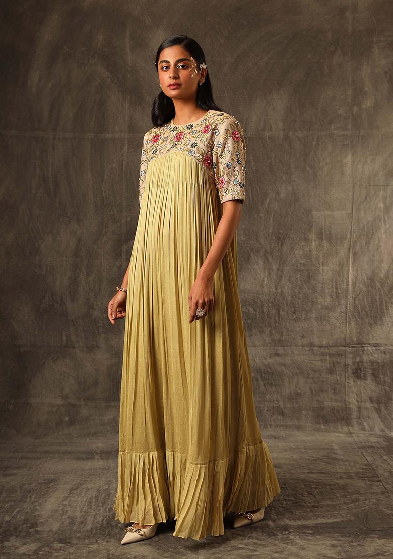 Granola Beige Cut Pipe Work Jute Georgette Dress