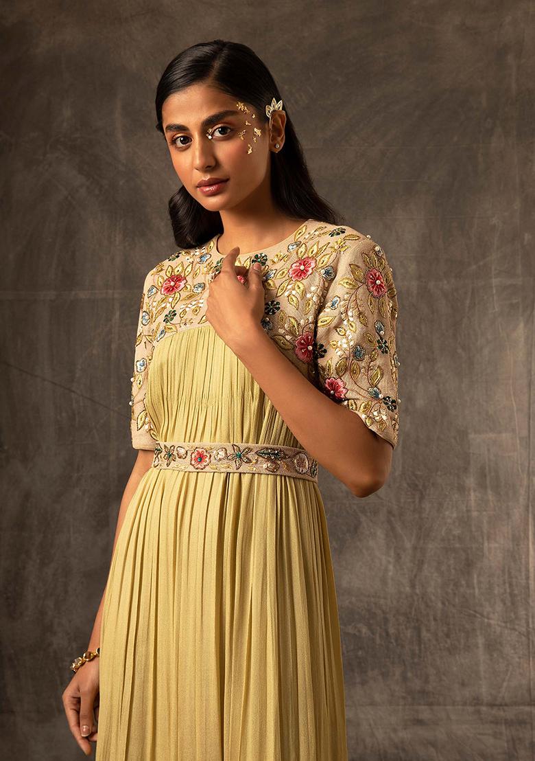 Granola Beige Cut Pipe Work Jute Georgette Dress