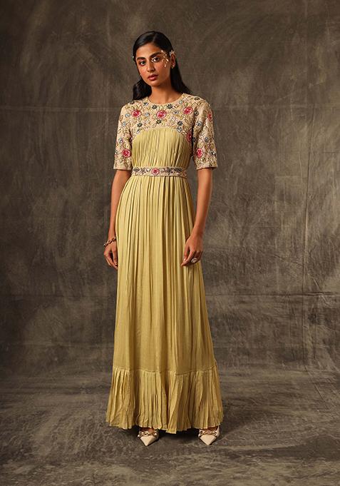 Granola Beige Cut Pipe Work Jute Georgette Dress