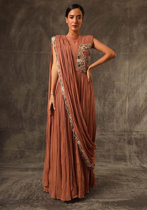 Cinnamon Brown Cutdana Embroidered Jute Georgette Dress