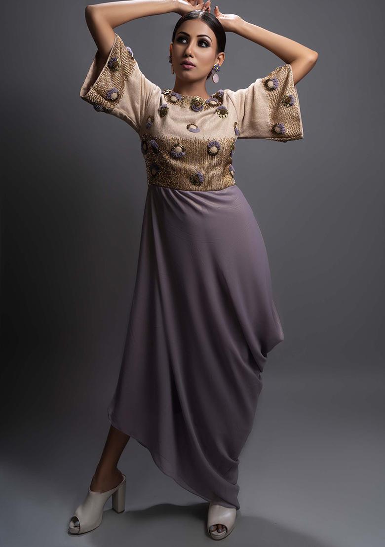 Lavender And Beige Cut Pipe Work Jute Crepe Dress