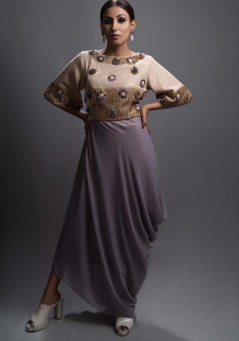 Lavender And Beige Cut Pipe Work Jute Crepe Dress