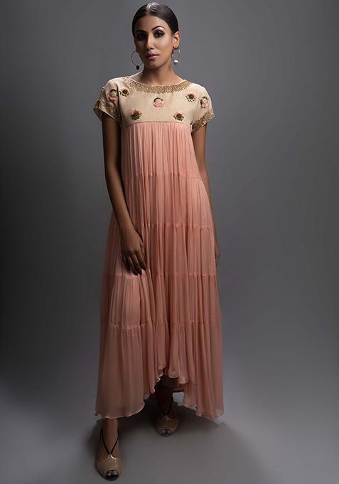 Beige Yoke And Peach Cut Pipe Work Jute Crepe Dress