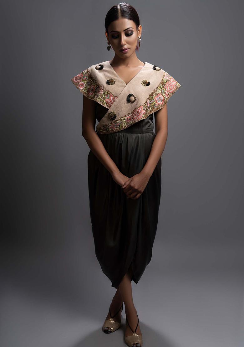 Olive Green And Beige Cut Pipe Work Jute Crepe Dress