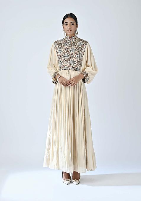 Beige Cutdana Embroidered Crepe Dress
